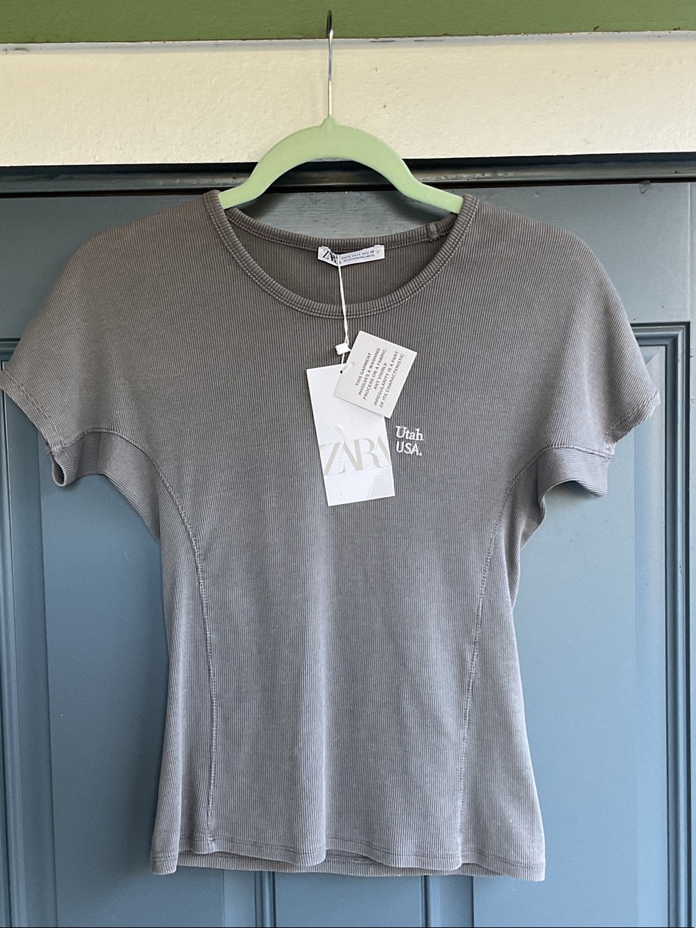 NWT Zara Taupe Ribbed Short-Sleeve Crewneck Top, Size L